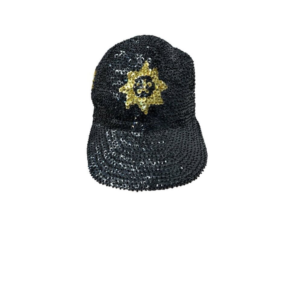 VTG Hurry Up Womens 80's Sequin Baseball Cap Disco Rave Black Gold - Picture 2 of 8